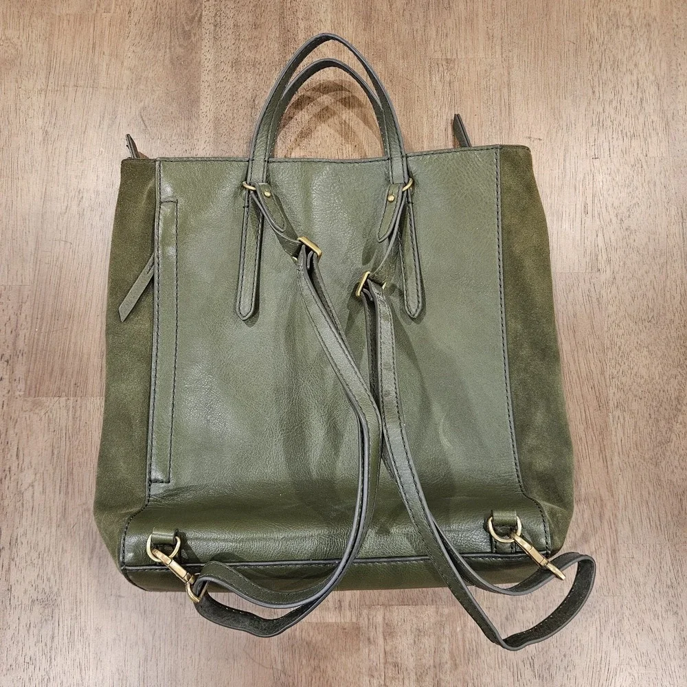 Fossil Leather Convertible Backpack Purse Tote Olive Green Suede Sides